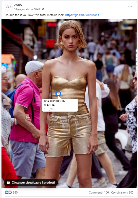 Esempio di shoppable content sulla pagina Facebook di Zara