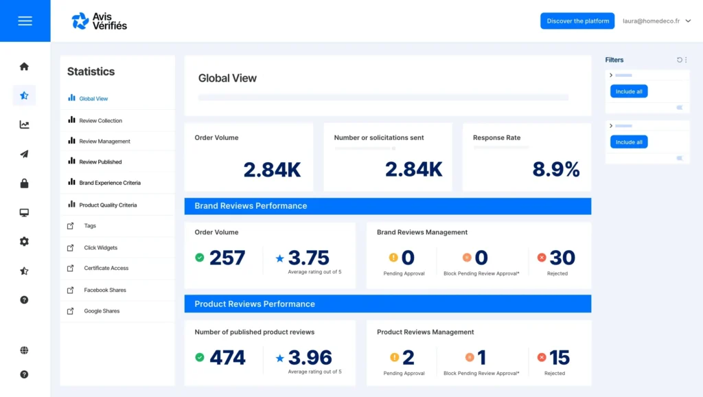 Plateforme avis vérifiés dashboard