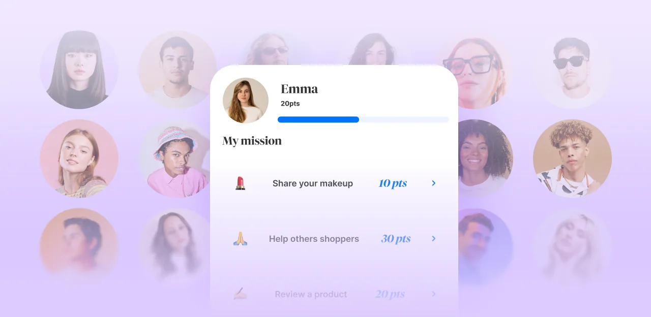 A profile card for Emma shows her mission progress and points with Skeepers. Tasks include Share your makeup for 10 points and Help other shoppers for 30 points. Blurred faces of diverse people appear in the background.