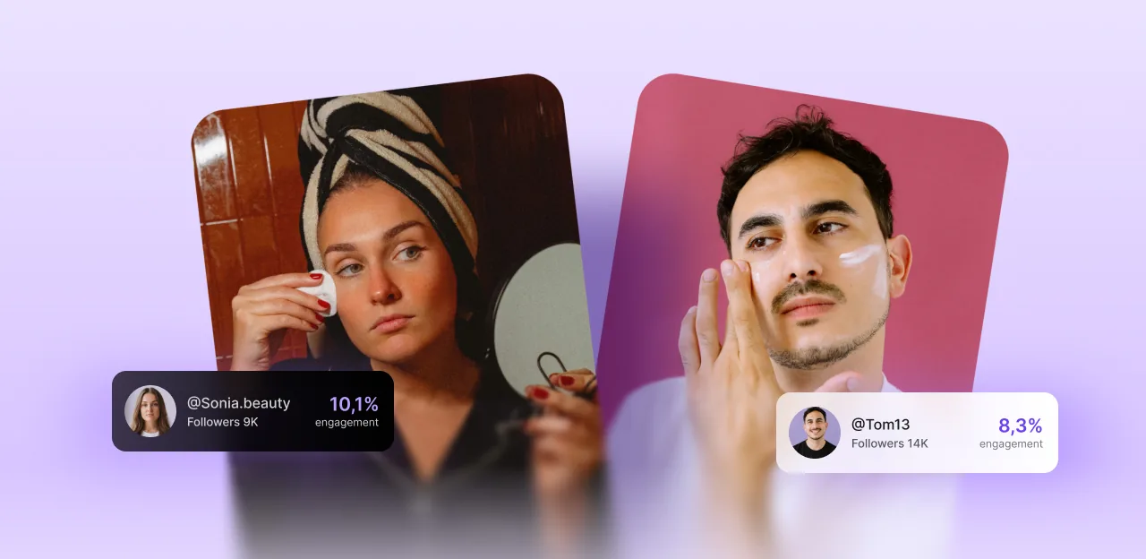 Two people apply skincare products while holding mirrors. Overlay graphics—including Skeepers social profiles, follower counts, and engagement rates—appear below each person. The background is a soft gradient of purple and pink.