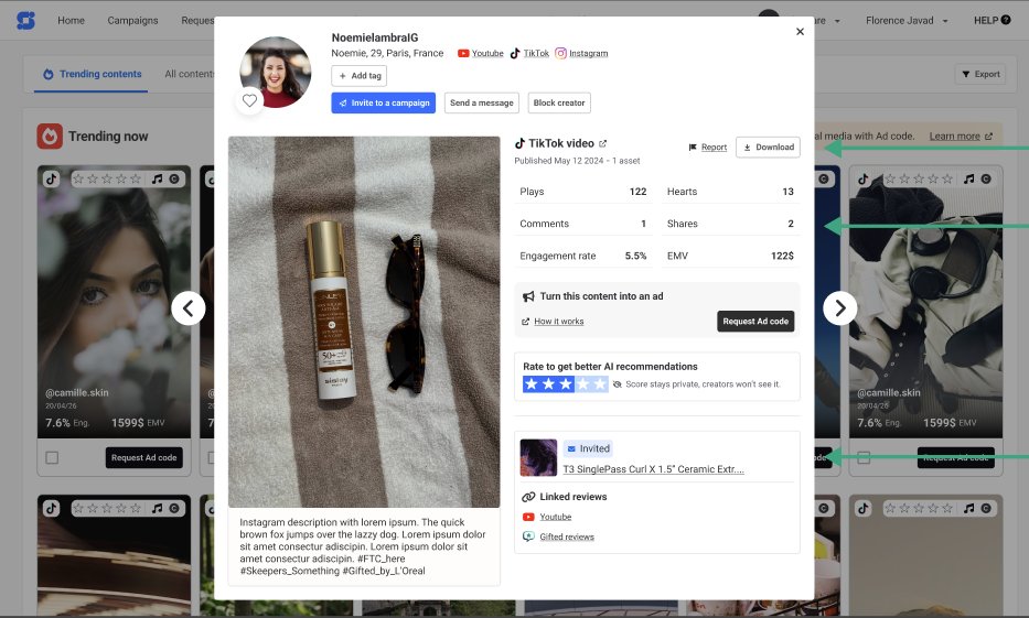 Plateforme influencer marketing Content Hub Feature Skeepers